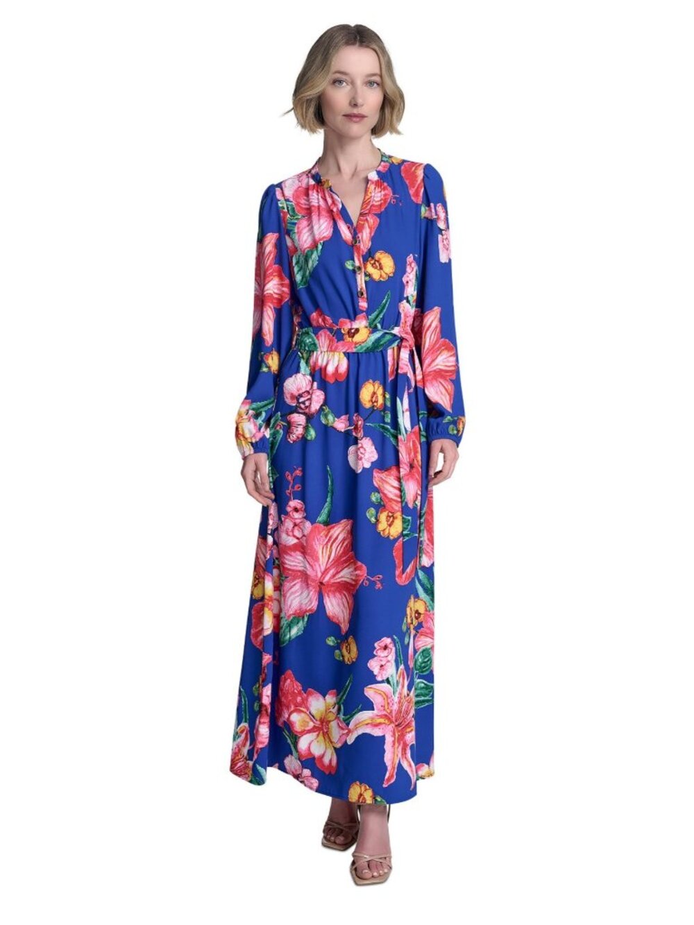 Halston Womens Blue Floral Print Maxi Dress With Belt Size 10 MSRP $149